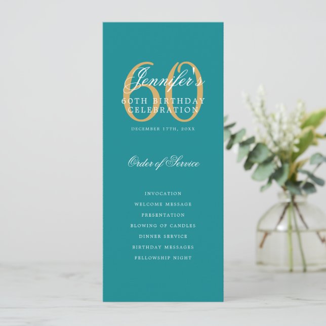 Elegant Turquoise Gold 60th Birthday Program Menu (Standing Front)