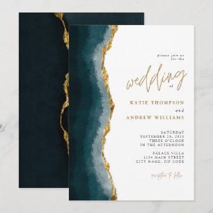 Elegant Turquoise Gold Agate Calligraphy Wedding Invitation