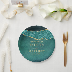Elegant Turquoise & Gold Agate Wedding Paper Plate