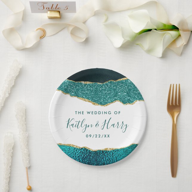 Elegant Turquoise & Gold Agate Wedding Paper Plate (Wedding)