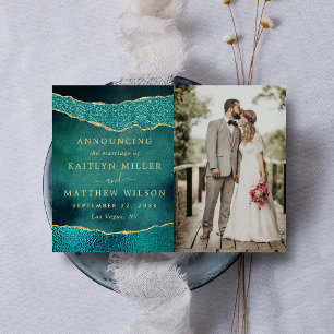 Elegant Turquoise & Gold Agate Wedding Photo Announcement