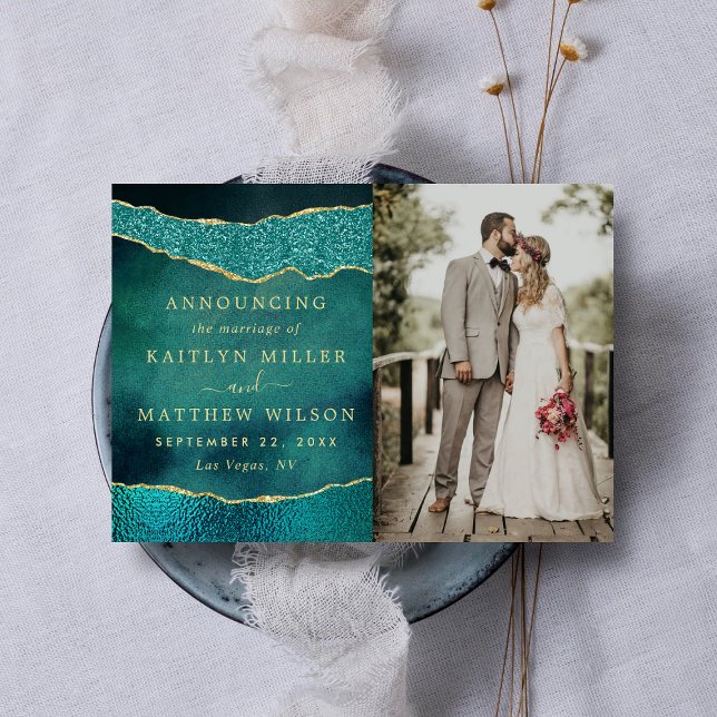 Elegant Turquoise & Gold Agate Wedding Photo Announcement (Creator Uploaded)