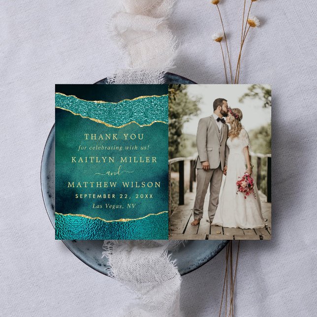 Elegant Turquoise & Gold Agate Wedding Photo Thank You Card (Creator Uploaded)