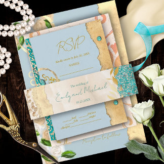 Elegant Turquoise Gold Floral Lace Wedding         Invitation Belly Band
