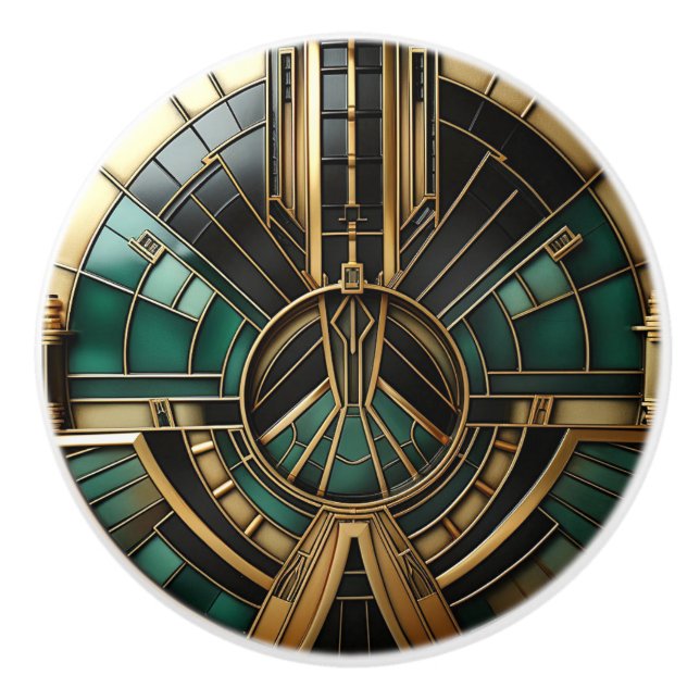 Elegant Turquoise Gold Green & Black Art Deco  Ceramic Knob (Front)
