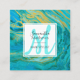Elegant Turquoise & Gold Marble Agate Hair Stylist Square Business Card