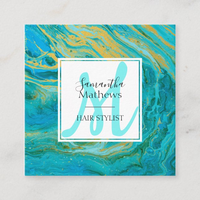 Elegant Turquoise & Gold Marble Agate Hair Stylist Square Business Card (Front)