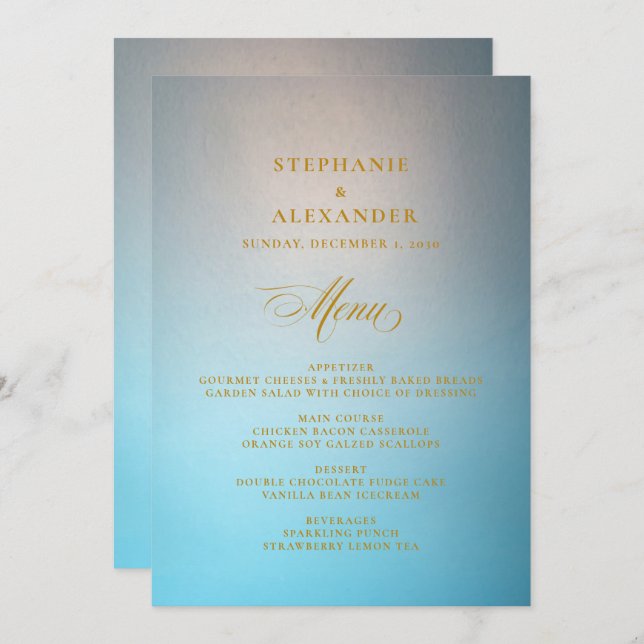 Elegant Turquoise Gold Script Wedding Menu (Front/Back)