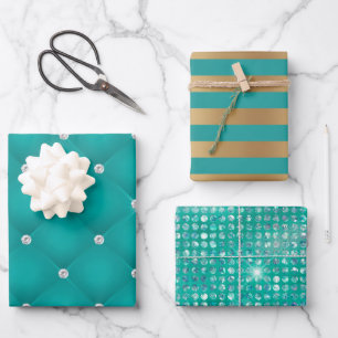 Elegant Turquoise Gold Stripes Glitter Gift Wrapping Paper Sheet