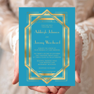 Elegant Turquoise Gold Vintage 1920s Deco Wedding Invitation
