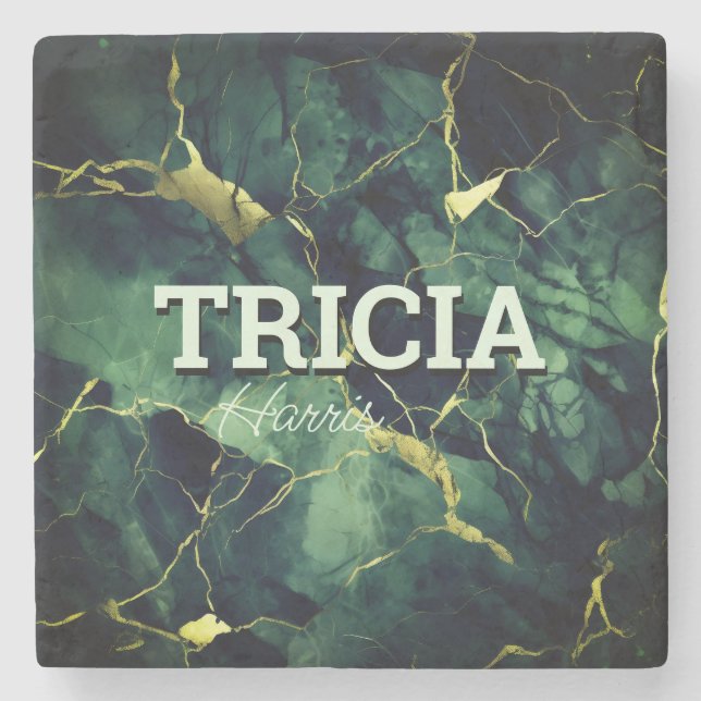 Elegant turquoise green marble faux gold glitter stone coaster (Front)