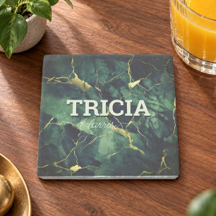 Elegant turquoise green marble faux gold glitter stone coaster
