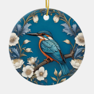 Elegant Turquoise Kingfisher Bird Floral Ceramic Ornament