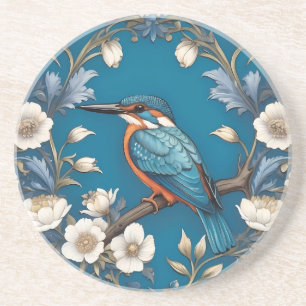 Elegant Turquoise Kingfisher Bird Floral Coaster