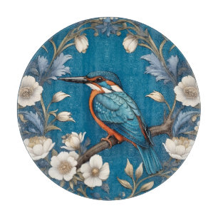 Elegant Turquoise Kingfisher Bird Floral Cutting Board