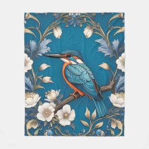 Elegant Turquoise Kingfisher Bird Floral  Fleece Blanket