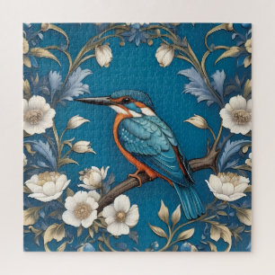 Elegant Turquoise Kingfisher Bird Floral Jigsaw Puzzle