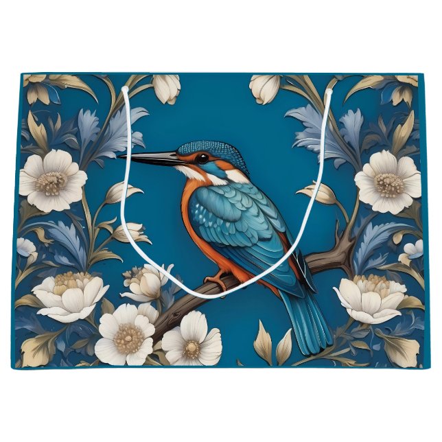 Elegant Turquoise Kingfisher Bird Floral  Large Gift Bag (Front)