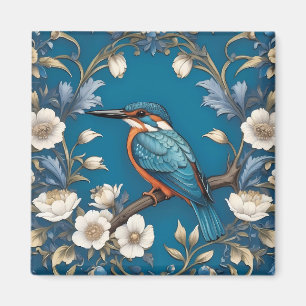 Elegant Turquoise Kingfisher Bird Floral Magnet