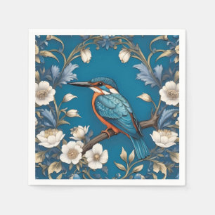 Elegant Turquoise Kingfisher Bird Floral Napkin
