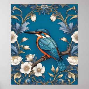 Elegant Turquoise Kingfisher Bird Floral  Poster
