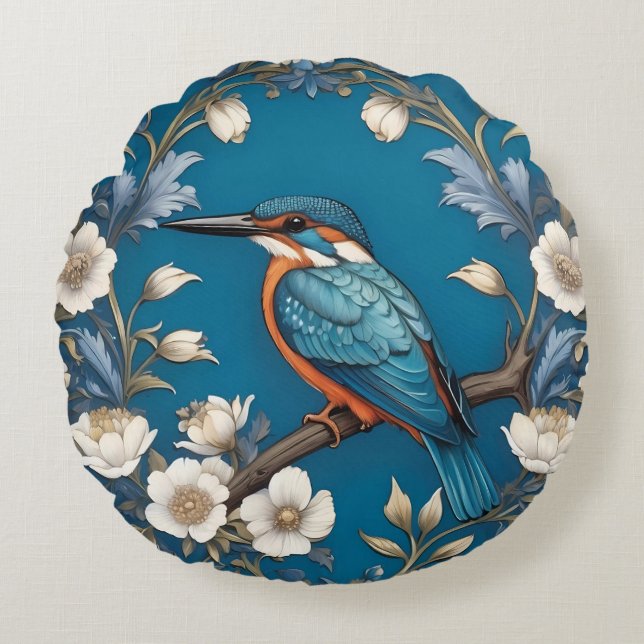 Elegant Turquoise Kingfisher Bird Floral  Round Pillow (Front)