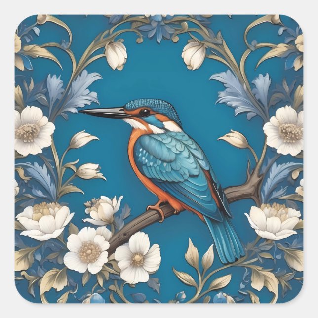 Elegant Turquoise Kingfisher Bird Floral  Square Sticker (Front)