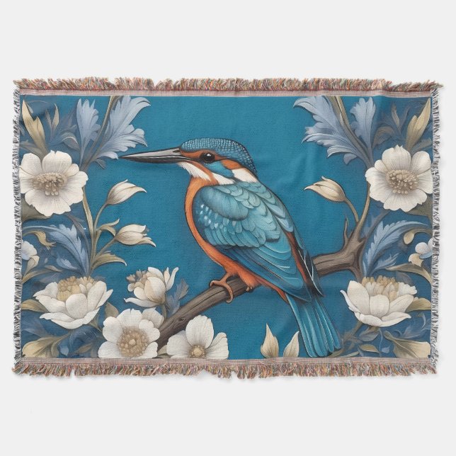 Elegant Turquoise Kingfisher Bird Floral  Throw Blanket (Front)