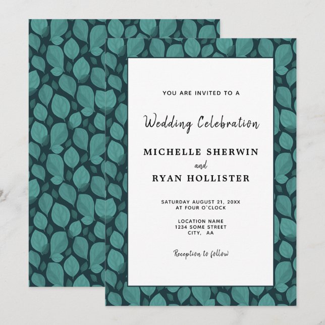 Elegant Turquoise Leaf Pattern Botanical Wedding Invitation (Front/Back)