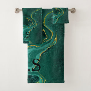 Elegant turquoise marble art faux gold glitter bath towel set