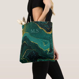 Elegant turquoise marble art faux gold glitter tote bag