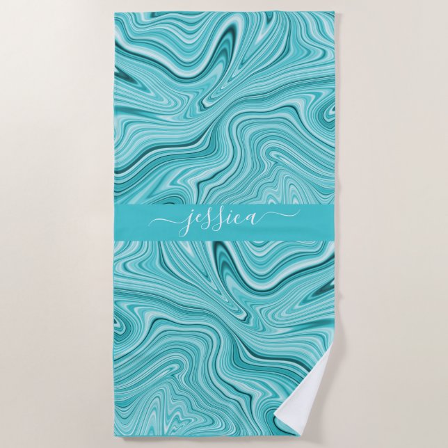 Elegant turquoise marble script name  beach towel (Front)