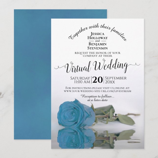 Elegant Turquoise or Sky Blue Rose Virtual Wedding Invitation (Front/Back)
