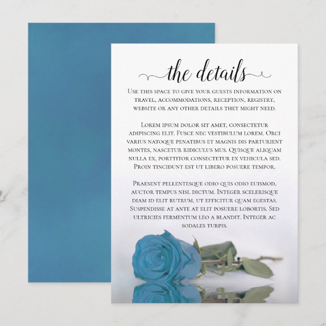 Elegant Turquoise or Sky Blue Rose Wedding Details Enclosure Card (Front/Back)
