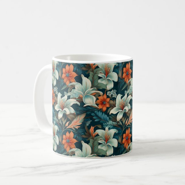 Elegant Turquoise Orange Flower Pattern Floral Coffee Mug (Front Left)