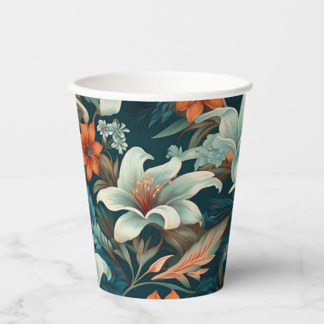 Elegant Turquoise Orange Flower Pattern Floral Paper Cups (Front)