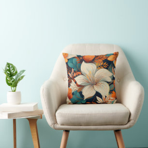 Elegant Turquoise Orange Flower Pattern Floral Throw Pillow