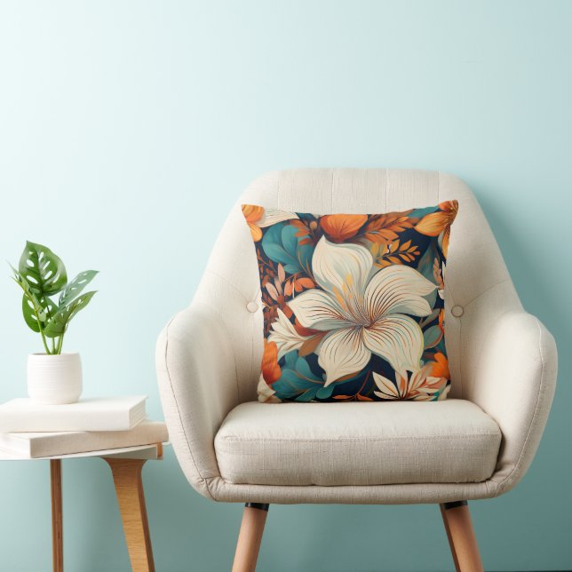 Elegant Turquoise Orange Flower Pattern Floral Throw Pillow (Chair)