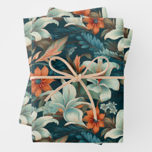 Elegant Turquoise Orange Flower Pattern Floral Wrapping Paper Sheet