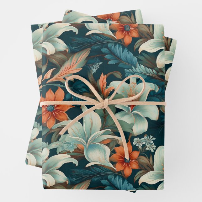 Elegant Turquoise Orange Flower Pattern Floral Wrapping Paper Sheet (In situ)