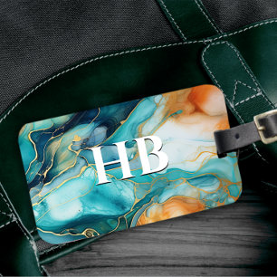 Elegant turquoise orange marble art faux glitter  luggage tag