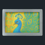Elegant Turquoise Peacock Bird Decorative Belt Buckle<br><div class="desc">This elegant peacock buckle features the bird in colours of turquoise and blue on a yellow patterned background. Image generated with AI.</div>