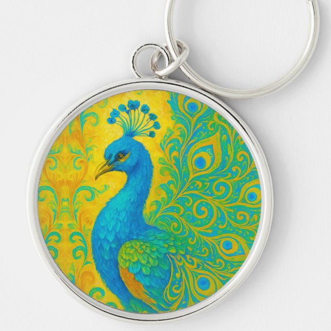 Elegant Turquoise Peacock Bird Decorative Keychain (Front)