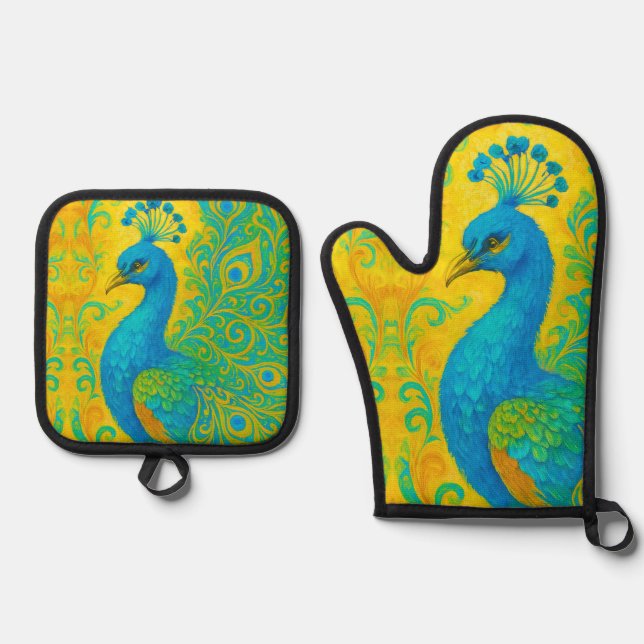 Elegant Turquoise Peacock Bird Decorative Oven Mitt & Pot Holder Set (Front)