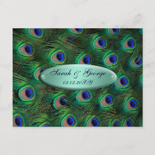 elegant turquoise peacock save the date announcement postcard (Front)