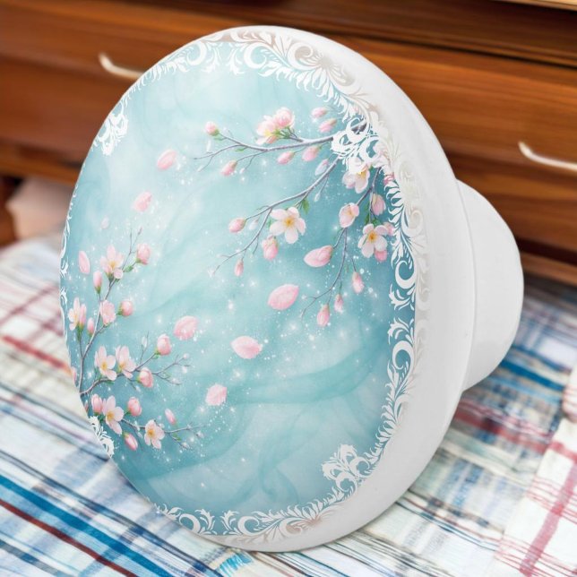 Elegant Turquoise Pink Cherry Blossom  Ceramic Knob (Creator Uploaded)