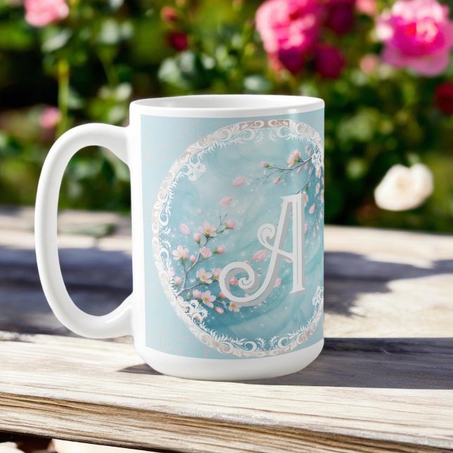 Elegant Turquoise Pink Cherry Blossom Initials  Coffee Mug (Creator Uploaded)