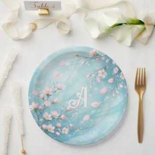 Elegant Turquoise Pink Cherry Blossom Initials  Paper Plate