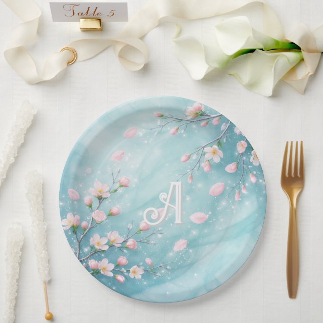 Elegant Turquoise Pink Cherry Blossom Initials  Paper Plate (Wedding)