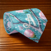 Elegant Turquoise Pink Cherry Blossom Initials